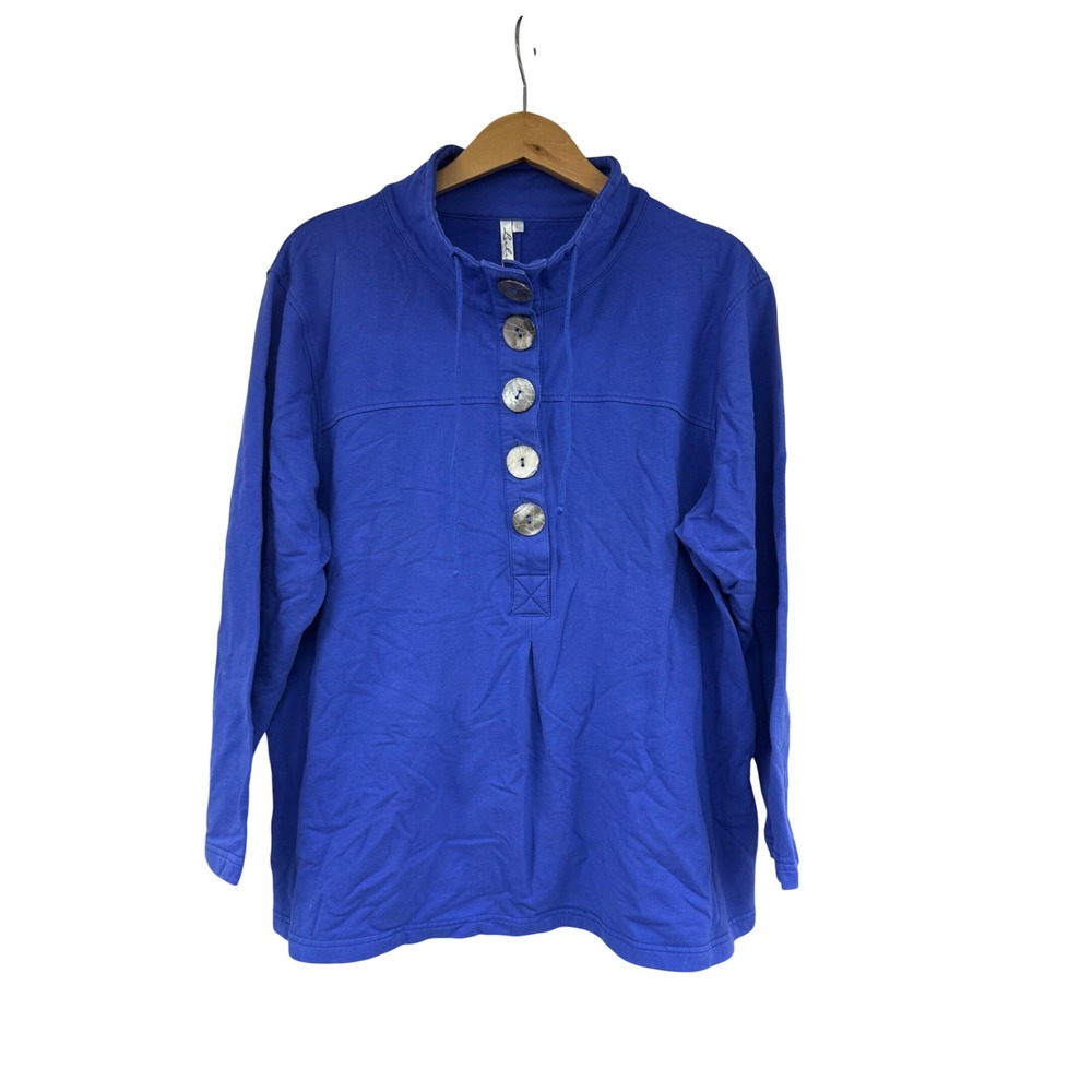 Lulu-B Womens XL Blue Button Mock Neck Pullover Long Sleeve Top Drawstring